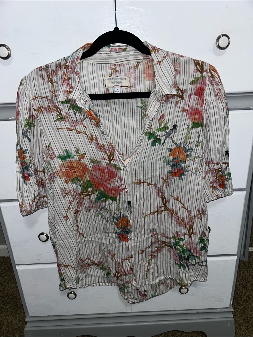 Johnny Was White Striped Button-Down with Pink, Orange & Green Floral
